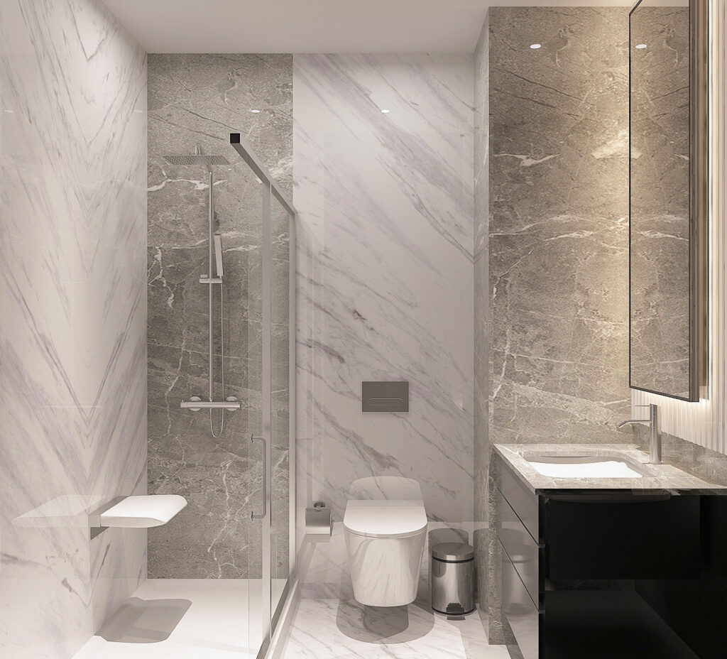 Fimar Holding merkez ofis — mermer duş ve banyo detayı