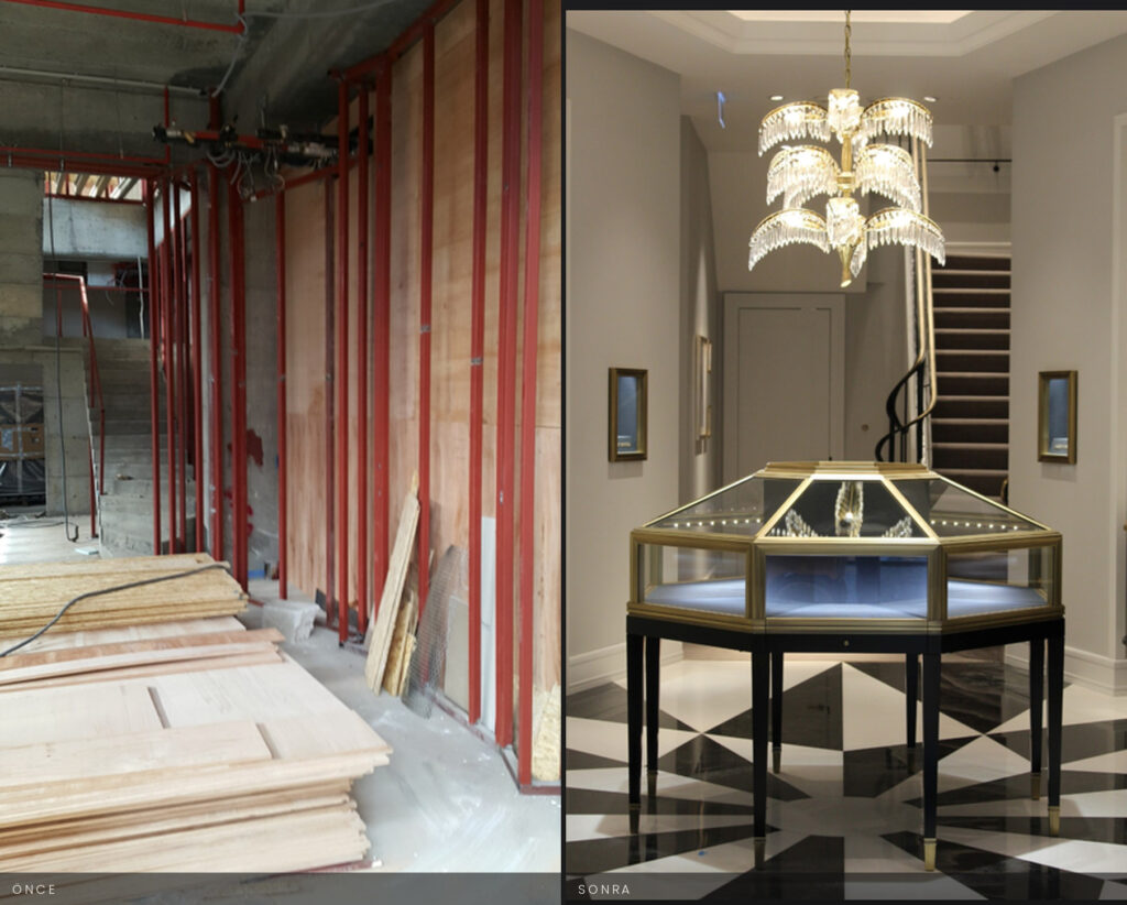 Harry Winston Emaar Square — vitrin bölmesinin önce ve sonra karşılaştırması