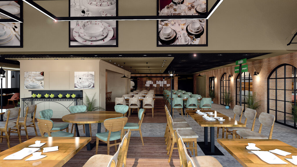 Karaca Grup merkez restoran — tuğla duvarlı yeme-içme alanı tasarım görseli