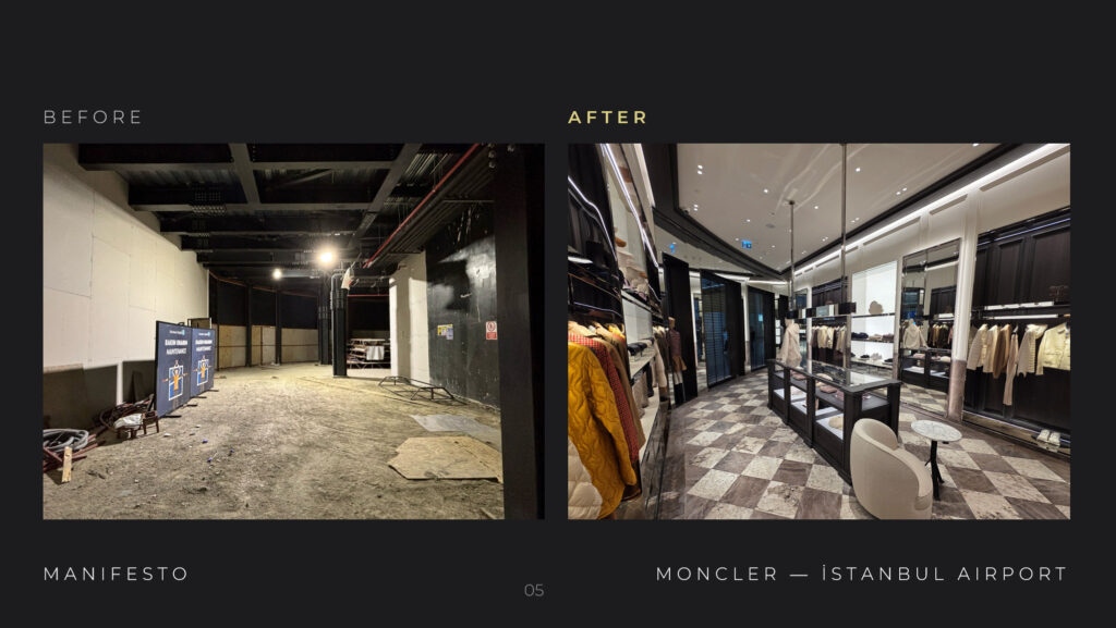 Moncler İstanbul Havalimanı — önce / sonra karşılaştırması · Manifesto Design & Architecture