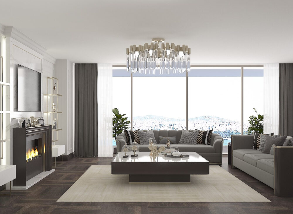 Özel konut, İstanbul — deniz manzaralı salon, kristal avize ve gri oturma grubu · Manifesto Design & Architecture