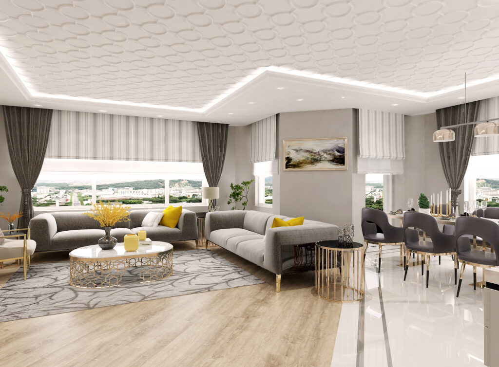Özel konut, İstanbul — şehir manzarasına açılan salon ve oturma grubu