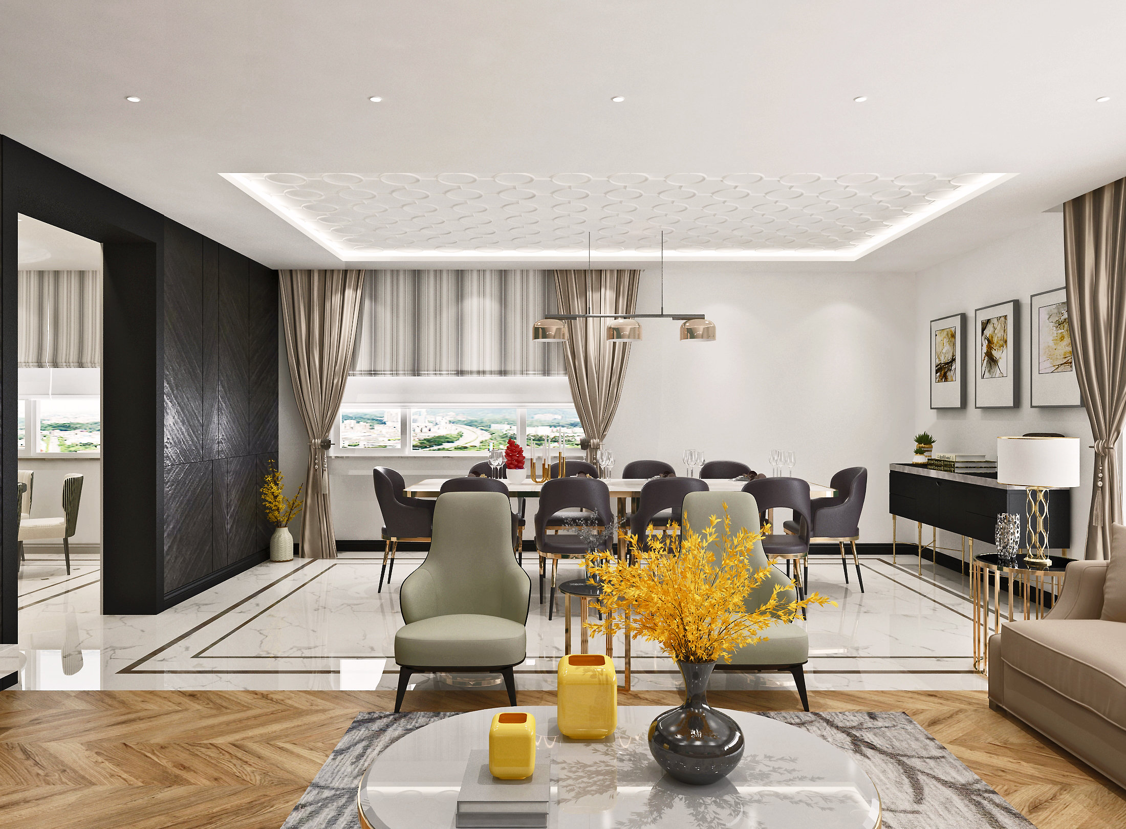 Özel konut, İstanbul — salon ve yemek alanı, balıksırtı ahşap zemin