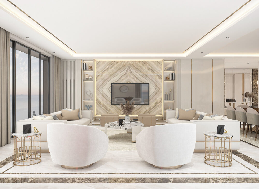 Özel konut, İstanbul — salon, mermer yüzeyler ve pirinç detaylar