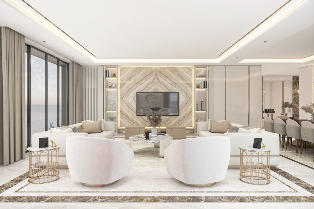 Özel konut, İstanbul — salon, mermer yüzeyler ve pirinç detaylar
