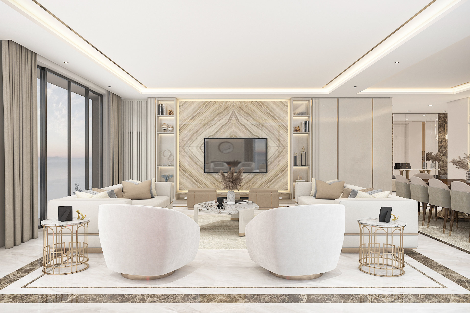 Özel konut, İstanbul — salon, mermer yüzeyler ve pirinç detaylar