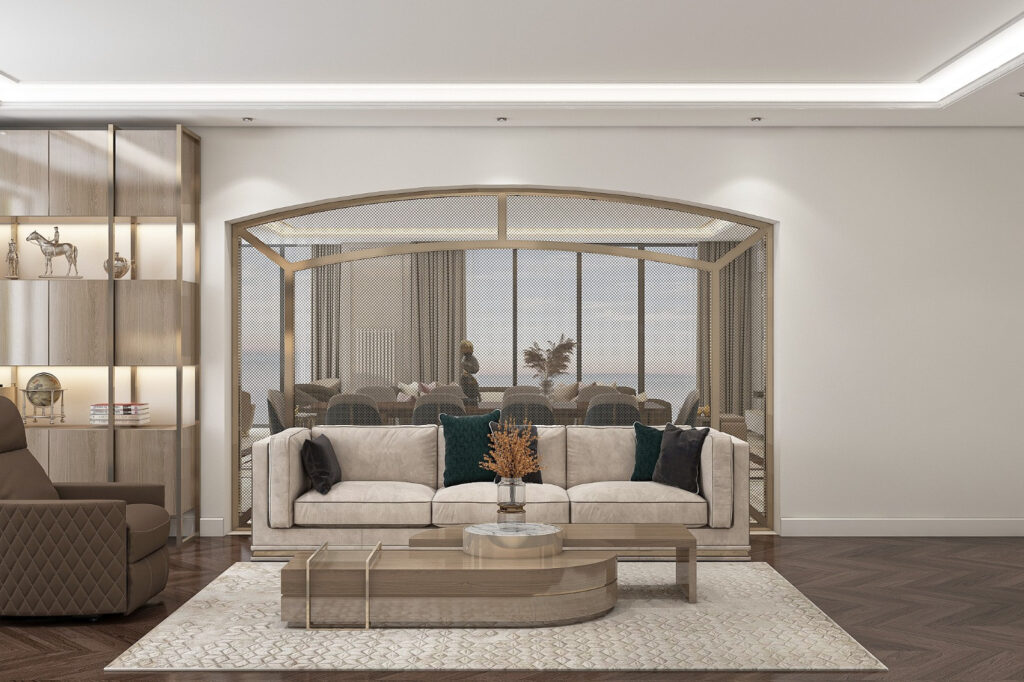 Özel konut, İstanbul — salon, kemerli raf nişleri ve oturma grubu