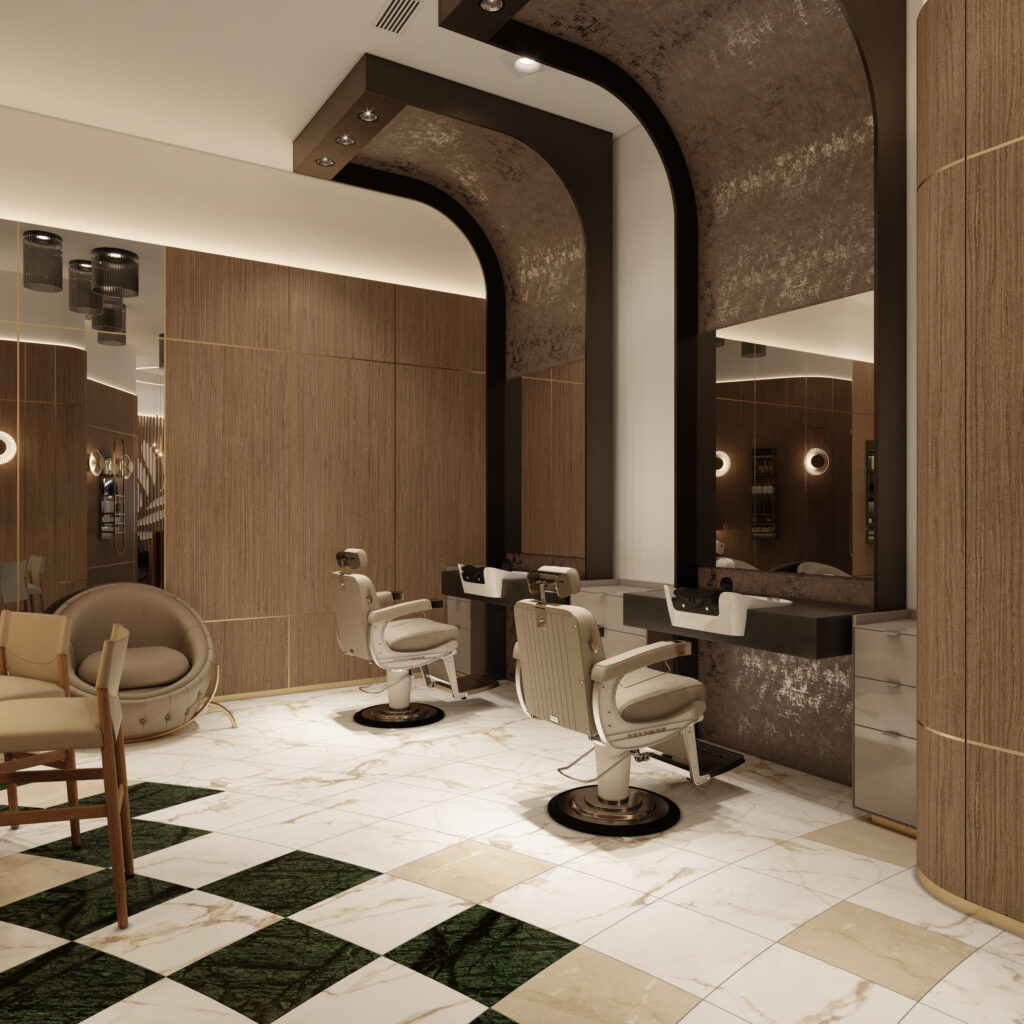 Sabit Akkaya Hair Stylist — salon tasarım görseli, bekleme ve teşhir alanı