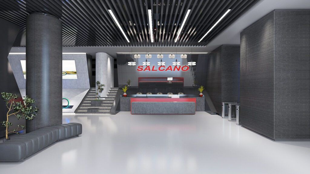 Salcano showroom — giriş aksı ve marka tabelalı karşılama bankosu