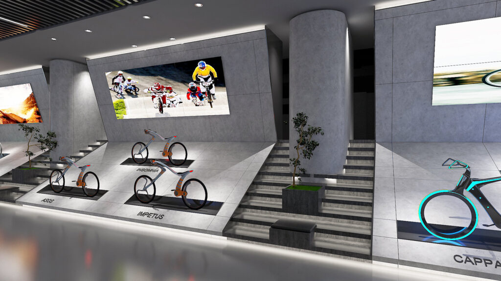 Salcano showroom — bisiklet teşhir duvarı ve dijital ekranlar