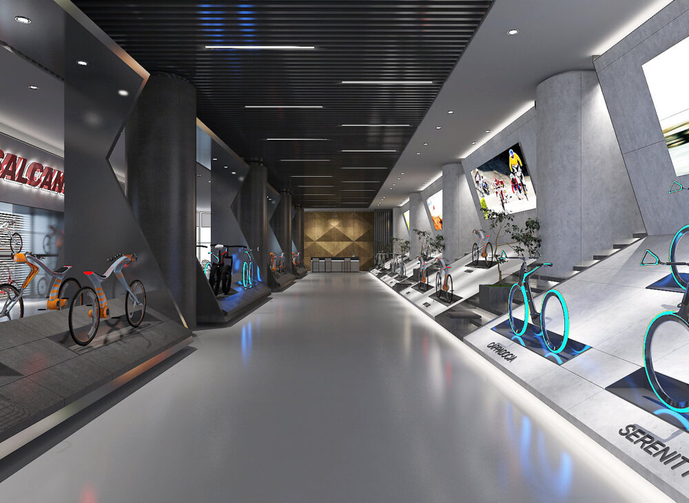 Salcano showroom — aydınlatmalı nişlerde bisiklet teşhiri