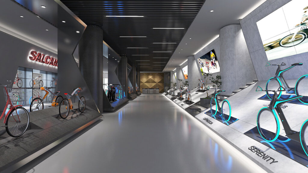 Salcano showroom — aydınlatmalı nişlerde bisiklet teşhiri