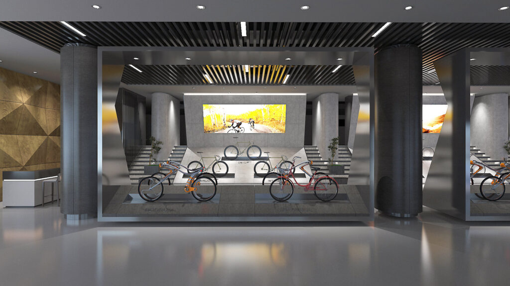 Salcano showroom — koyu zeminde aydınlatmalı ürün teşhiri