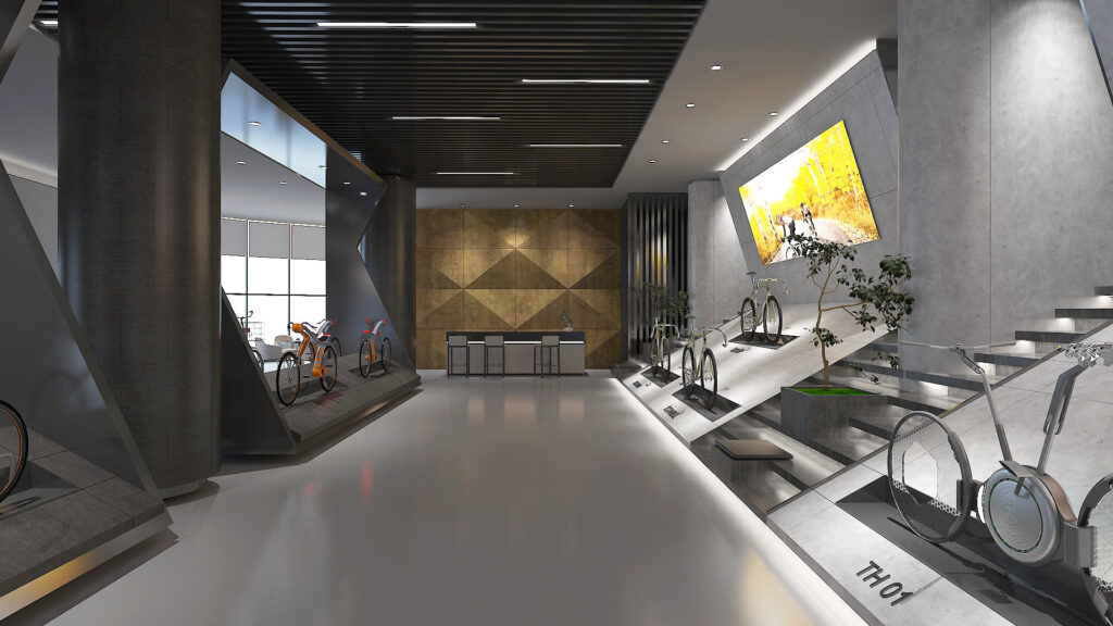 Salcano showroom — kampanya ekranları ve teşhir üniteleri