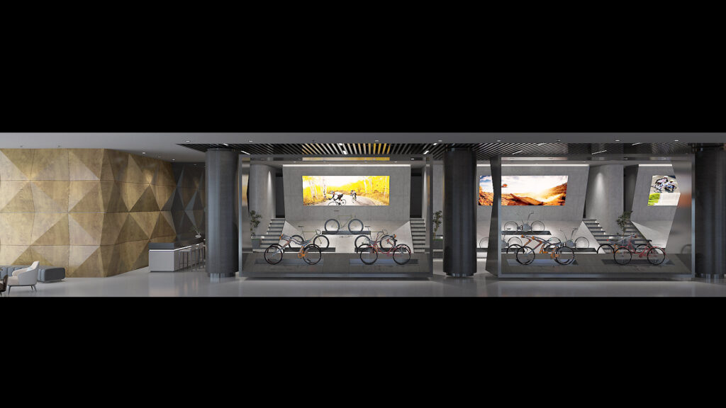 Salcano showroom — teşhir rafı ve aksesuar alanı